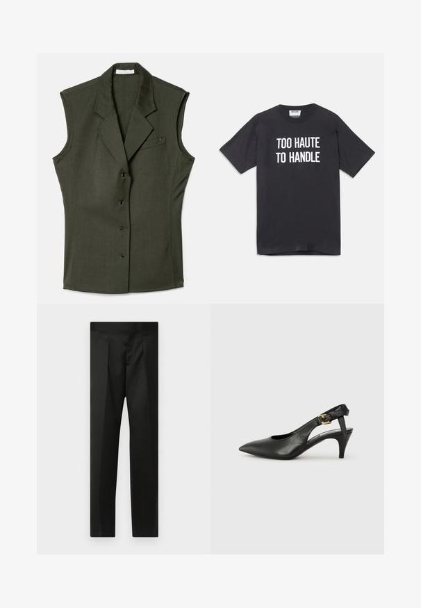 Chaleco sin mangas de color verde oscuro con un diseño ajustado, que presenta un cuello con muescas, cinco botones frontales y un bolsillo en el pecho con un detalle de logo.; Camiseta de algodón negra con mangas cortas y cuello redondo, que presenta un texto blanco que dice "DEMASIADO CALIENTE PARA MANEJAR" en el delantero.; Pantalones negros con una tela suave, diseño ajustado, piernas rectas y una cinturilla plana sin cierres ni bolsillos visibles.; Zapato de tacón destalonado de cuero negro con punta afilada, tacón pequeño y detalle de hebilla en la correa del tobillo. Textura suave, diseño minimalista.