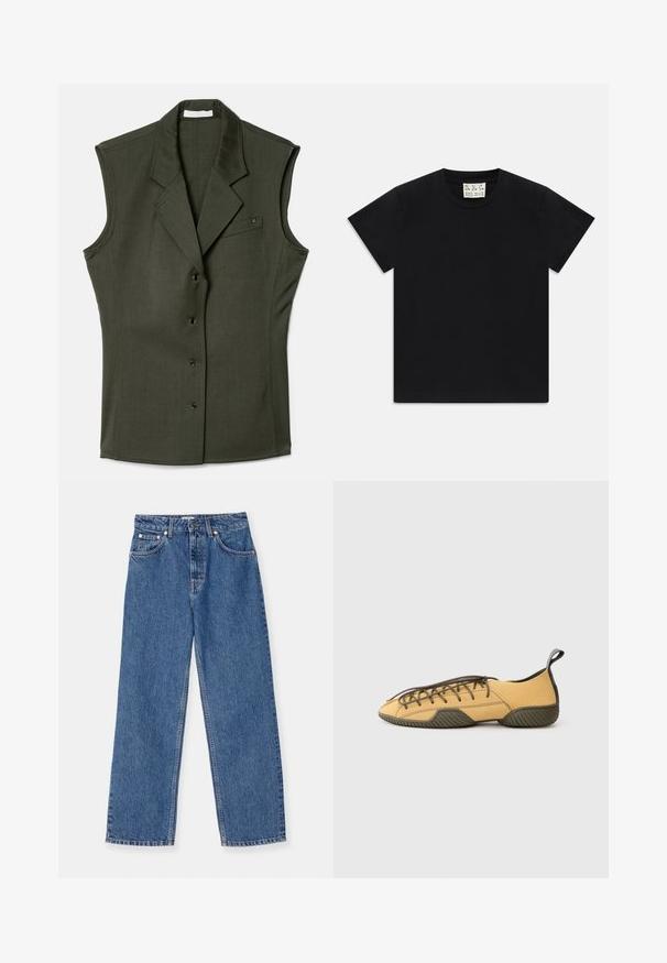 One sleeveless dark green vest with a fitted design, with a notched collar, five front buttons, and a chest pocket featuring a logo detail.; Musta lyhythihainen pyöreäkauluksinen t-paita, jonka sisäkauluksessa on valkoinen etiketti, jossa lukee "D.R.C. EST. 2002" valkoista taustaa vasten.; Siniset farkut, joissa on leveä lahje, klassinen viiden taskun muotoilu ja metalliset yksityiskohdat. Kuosissa on kevyttä kulutusta.; Keltainen mokkanahka kengät, joissa on tummanvihreä kumipohja ja kantapääveto, esitelty sivulta vaaleanharmaata taustaa vasten.