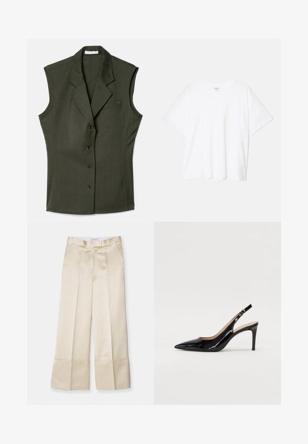 Ärmlös väst i mörkgrön färg med en figurnära design, som har en flikkrage, fem framknappar och en bröstficka med en logodetalj.; Vit bomull t-shirt med kort ärm, rund halsringning, avslappnad passform och söm i nederkant. Etikett synlig på insidan av halsen.; Beige vida byxor i slätt tyg med hög midja, veckad front och vikta nederkant, med sidofickor och en ren finish.; Svart patenterat läder slingback pumps med spetsig tå, smal klack och en subtil utskärning. Har en guldbuckle på remmen.