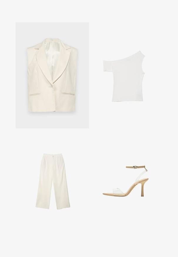 Ärmelloser Leinenblazer in Creme mit Reverskragen, einem Knopfverschluss und zwei vorderen Taschen. Glatte Satineinlage innen.; Asymmetrisches weißes Top aus glattem Stoff, mit einem kurzen Ärmel und einem schulterfreien Design, das einen sauberen, minimalistischen Look bietet.; Helle Stoffhose mit weitem Bein und glatter Textur, ausgestattet mit einem einzelnen Knopf vorne, dezenten Falten und einem Hochbund-Design.; Durchsichtige Sandale mit transparentem Obermaterial, beigem Fußbett und einem schlanken Knöchelriemen. Sie hat eine spitz zulaufende Zehenpartie und einen dünnen, hohen Absatz.
