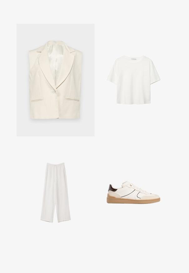 Hihaton pellavasekoitelaji vaalean värin blazer, jossa on lovelliset läpät, yksittäinen nappisulku ja kaksi etutaskua. Sujuva satiinivuori sisällä.; Valkoinen lyhythihainen T-paita, joka on tehty puuvillasta. Siinä on pyöreä kaula-aukko ja rento malli. Silkkinen pinta ilman näkyviä kuvioita tai koristeita.; Valkoiset leveälahkeiset housut kevyestä kankaasta. Ominaisuuksiin kuuluu elastinen vyötärö, jossa on nauhakuuluma ja sivutaskut. Sileä rakenne.; Stradivarius Matalavartiset tennarit - white