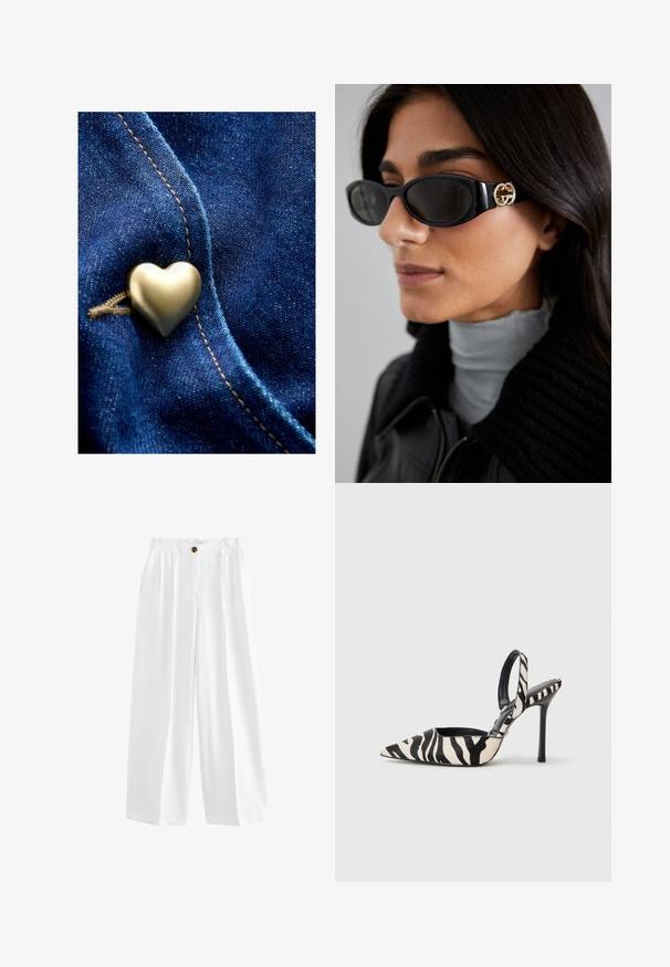Metāla sirds formas poga uz zila denima auduma, ar gludu virsmu un smalkām dūriena detaļām, izceļot faktūru un krāsu kontrastu.; Melna bez piedurknēm augšdaļa ar platām ribotām sāpēm un gludu auduma tekstūru, ar kontūrām šuvēm, lai nodrošinātu pieguļošu dizainu.; Baltas platais bikses izgatavotas no viegla auduma. Ar pogu aizdari, divām sānu kabatām un brīvu piegriezumu.; Skaidras pirkstu kurpes ar mazo papēdi melnā un krēmkrāsā zebra rakstā, ar šaubu augsto papēdi un atvērtu aizmuguri, ar melnu iekšpusi.; Melni saulesbrilles ar gludu taisnstūra formu un zelta logo akcentu uz sāna. Tumši objektīvi un spīdīga apdare ir izceltas.; Melna ādas austā tote soma ar brīvu formu un plašu plecu siksnu. Aprīkota ar teksturētu, savītotu dizainu ar gludu apdari.