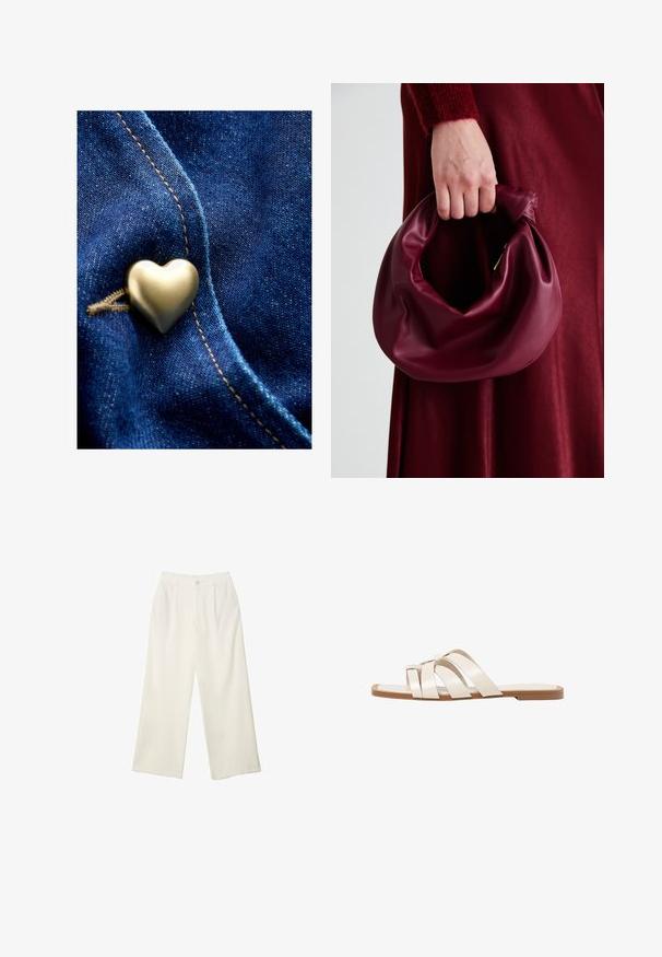 Metallinen sydämen muotoinen nappi sinisessä denim-kudoksessa, jossa on sileä pinta ja hienot ompelutiedot, korostaen tekstuurin ja värin kontrastia.; Kermanvärinen lyhythihainen t-paita, joka on valmistettu pehmeästä puuvillasta. Sisältää pyöreän kaula-aukon ja rentoa istuvuutta, jossa on vähäisiä ompelutietoja.; Kermanhousut vaaleassa kankaassa, jossa on sileä rakenne, yksittäinen etunappi, hienovaraiset laskokset ja korkea vyötärömuotoilu.; Tason vaaleanruskealla kumipohjalla, jossa on kolme päällekkäistä valkoista nahkaremmiä ja pieni satiininen rusetti keskellä.; Burgundy-nahkakäsilaukku, jossa on pehmeä, ryppyinen muotoilu ja pyöreä muoto. Kahva on kiinnitetty tukevasti, ja siinä on sileä pinta.