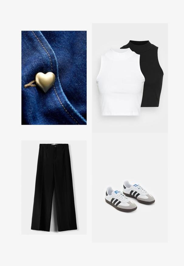 Metalisk hjärtformad knapp på blå denimtyg, med en slät yta och fina sömnadsdetaljer som framhäver textur och färgkontrast.; Två ärmlösa ribbade polotröjor i svart och vitt, med en figursydd design och slät textur, i en kortad längd.; Svarta vida byxor i lätt material, med knappstängning fram och platt front, samt väl sydda fållar.; Sportskor med överdel i vit läder, grå mocka på tårna och tre svarta ränder. Har en blå logotyp på tungan och en texturerad gummisula.