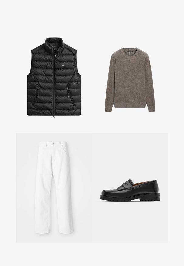 Černá prošívaná vesta s vysokým límcem, předním zipem a dvěma bočními kapsami. Má horizontální prošívání a logo na hrudi.; Hnědý žebrovaný pletený svetr s kulatým výstřihem a dlouhými rukávy, který má strukturovanou látku a přiléhavé manžety a lem. Jednoduchý design.; Černý žebrovaný tílko s kulatým výstřihem a širokými průramky, vyrobené z měkké, elastické tkaniny. Značka: Pull&Bear.; Bílé džínové kalhoty se střihem rovného nohavice, s předním zapínáním na knoflík a zip, pěti kapsami a čistým, texturovaným povrchem.; Černé kožené mokasíny mají zvýšený šev, dvě dekorativní pásky na svršku a silnou strukturovanou podrážku pro lepší přilnavost.