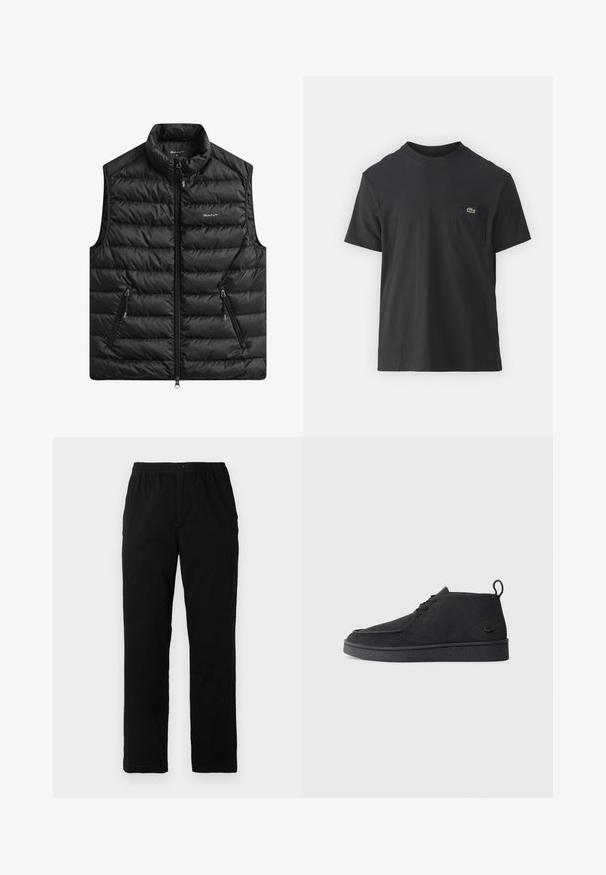 Čierna vystlaná vesta s vysokým golierom, predným zipsom a dvoma bočnými vreckami. Má horizontálne prešívanie a logo na hrudi.; Čierne bavlnené tričko s krátkymi rukávmi, okrúhlym výstrihom a malým zeleným logom na ľavej náprsnej kapsičke. Jednoduchý dizajn, bežný strih.; Čierne nohavice vyrobené z bavlnenej zmesi, so strihom rovného strihu, elastickým pásom s gombíkom a bez viditeľných vzorov alebo akcentov.; Čierne zamšové členkové topánky na šnurovanie s pútkom a štruktúrovanou podrážkou, s malým embosovaným logom krokodíla na boku.