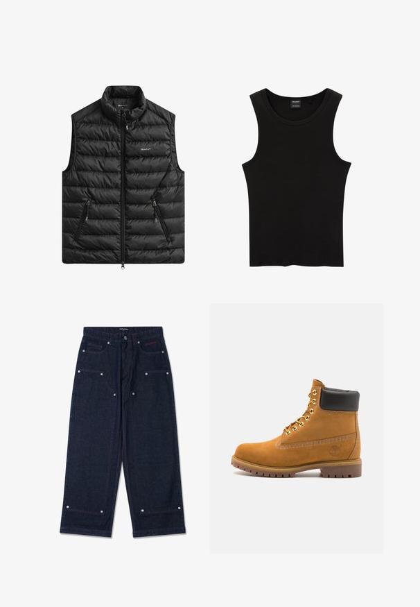 Črna podložena telovnik z visokim ovratnikom, zadrgo spredaj in dvema stranskima žepoma. Ima vodoravno prešite vzorce in logotip na prsih.; Črna rebrasta majica brez rokavov z okrogłym izrezom in širokimi armhole, izdelana iz mehkega, raztegljivega materiala. Oznaka: Pull&Bear.; Temno modri široki hlače iz denima s dvema sprednjima žepekoma, podrobnostmi iz srebrne kovine in kontrastnim rdečim šivom. Imajo gumbasto zapiranje in logotip blagovne znamke.; Svetlo rjave anklne čizme iz semiša z črnim oblazinjenim ovratnikom, zlatimi kovinskimi očesci, belimi šivi in robustnim gumijastim podplatom s izrazitimi tredi.