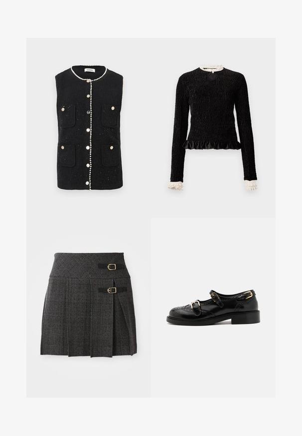 Czarna bezrękawnik o fakturowanej tkaninie, z kieszeniami z przodu, perłowym wykończeniem wzdłuż dekoltu i metalowymi guzikami na środku.; Czarny top z długim rękawem, z teksturowanej tkaniny, z falbaną na dolnym brzegu oraz białymi falbankami przy kołnierzyku i mankietach. Posiada centralne zapięcie na pętelkę.; Szara spódnica w kratę z dopasowaną talią, z podwójnymi zapięciami klamrowymi i fałdami. Wykonana z teksturowanej tkaniny o plecionym wzorze.; Czarne skórzane buty z detalami brogu, z dwoma klamrami, okrągłym noskiem i niskim obcasem. Gładka tekstura z błyszczącym wykończeniem.