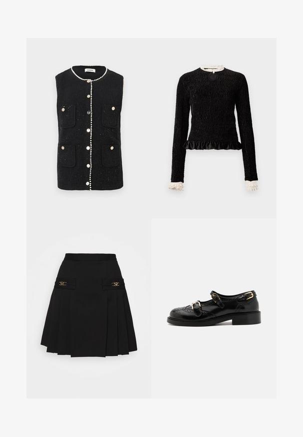 Zwarte mouwloze vest van textuurstof, met voorzakken, parelachtige details langs de halslijn en metalen knopen in het midden.; Zwarte lange mouwen top van textuurstof, met een gerimpelde zoom en witte rimpelaccenten bij de kraag en mouwen. Bevat een centrale lus sluiting.; Zwarte geplooide rok met gouden hardware accenten. Beschikt over zijzakken met logo-details, gemaakt van glad materiaal. A-lijn silhouet.; Zwarte leren schoenen met brogue-details, voorzien van twee gespsluitingen, een ronde neus en een lage hak. Glad oppervlak met een glanzende afwerking.