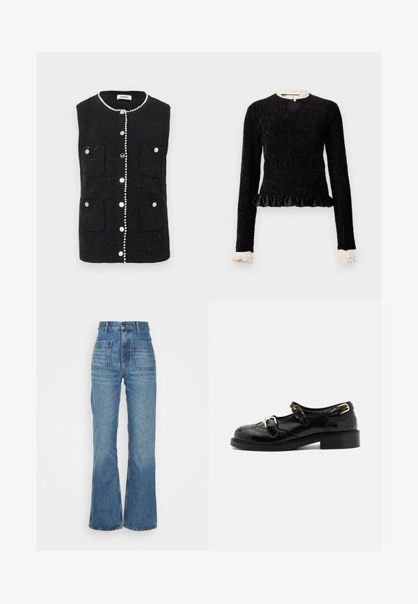 Svart ärmlös väst med texturerad tyg, som har framfickor, pärlliknande detaljer längs halsringningen och metallknappar mitt fram.; Svart långärmad topp med texturerat tyg, volangkant och vita volanger vid kragen och ärmslut. Har en central snoddstängning.; Högmidjade blå denimjeans med utsvängd ben, två framfickor och två bakfickor; texturerad tyg med en blekt tvätt.; Svarta läderskor med broguedetaljer, utrustade med två spännen, rund tå och låg klack. Slät textur med glänsande finish.