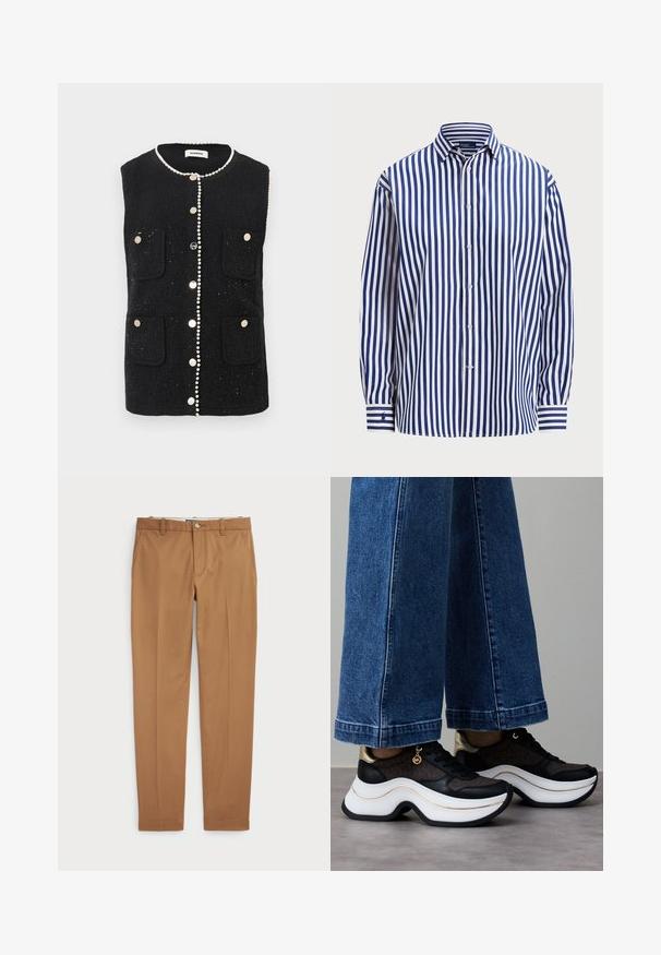 Svart ermeløs vest med teksturert stoff, med frontlommer, perle-lignende detaljer langs utringningen, og metallknapper nedover midten.; Polo Ralph Lauren RELAXED FIT STRIPED COTTON SHIRT - Skjortebluse - fall royal/white; Brune bomullsbukser med en slim-fit design, flat front og standard lommer; jevn tekstur og kantede mansjetter.; Svarte og gullfargede sneakers med buet hvit såle. Strukturert stoff med logodetaljer. Kombinert med vide blå denimbukser.