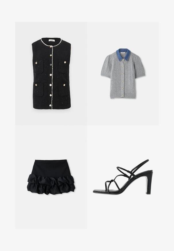 Vest senza maniche nero in tessuto testurizzato, con tasche anteriori, dettagli perlacei lungo il colletto e bottoni metallici al centro.; Cardigan corto grigio a maniche corte lavorato a maglia con motivo a treccia, dotato di un colletto in denim e cinque bottoni dorati sul davanti.; Gonna mini nera con una parte superiore aderente e tre strati di tessuto arricciato nella parte inferiore, con una consistenza liscia e linee pulite.; Sandali neri con tacco alto, dotati di sottili cinturini, finitura testurizzata, punta aperta e un design elegante con tacco affusolato. Presentano una soletta morbida e una superficie lucida.