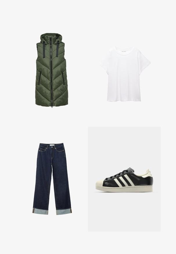 Zelen a podložena brezrokavnik z vzorcem chevron, zadrgo in nastavljivo kapuco. Ima dva žepna zadrga na straneh in črne detajle.; Bela majica s kratkimi rukavi, izdelana iz mehkega in lahkega blaga. Ima okroglo ovratnico ter kratke, široke rokave z udobnim krojem. Brez vidnih vzorcev.; Temno modri široki jeans z visokim pasom, s zavitimi manšetami, kontrastnim šivanjem in dizajnom s petimi žepi. Narejeni iz jeansa.; Črne usnjene superge z belimi črtami, gumijastim pokrovom za prste, črnimi vezalkami in kremasto obrobo podplata. Gladka tekstura z sijočim zaključkom.