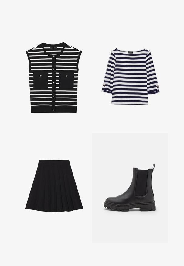 Crna i bijela prugasta bezrukavna majica s okruglim izrezom, prednjim zatvaranjem na dugmad i dva džepa s preklopom i dugmadi na pritisak.; Duga majica dugih rukava prugasta u mornarsko plavu i bijelu boju s brodoglavim izrezom i zlatnim gumbima na pojačanim rukavima. Mekani materijal, opušteni kroj.; Crna plisirana suknja izrađena od teksturiranog materijala s uskim strukom. Pada do koljena, a ima glatku, čistu siluetu.; Crne kožne gležnjače s elastičnim bočnim panelima, zaobljenim prstima i strukturiranom gumenom potplatom. Imaju petlju straga za lakše oblačenje.