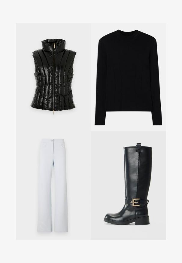 Black shiny quilted sleeveless padded vest with high collar and front zipper closure against white background.; Black long-sleeve sweater with a round neck, made from a smooth fabric. Features vertical seams for structure and textured branding on the collar.; Light blue wide-leg pants made of soft fabric, featuring a front button closure, belt loops, and two side pockets. Smooth texture and simple design.; Black knee-high leather boot with a low block heel, decorative gold buckle strap around the ankle, and a pull tab at the top.