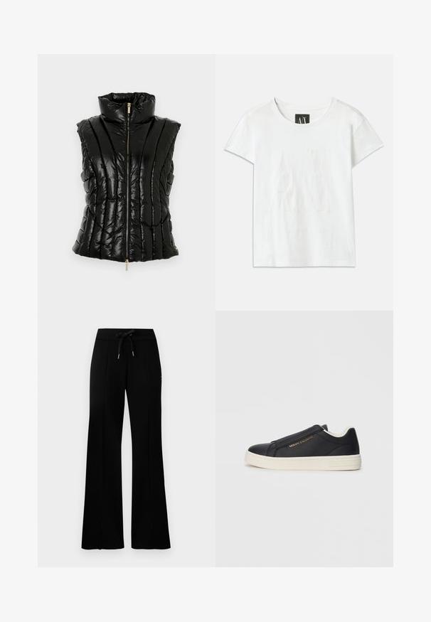 Vesta neagră lucioasă matlasată, fără mâneci, căptușită, cu guler înalt și închidere frontală cu fermoar pe fundal alb.; Tricou alb din bumbac cu mâneci scurte, având un logo reliefat "AX" pe față și textul "ARMANI EXCHANGE" dedesubt, într-un design subtil.; Pantaloni de trening negri, cu croială largă, talie cu șnur, detalii cu tăieturi laterale, material moale și un design elegant.; Sneaker slip-on din piele neagră cu talpă albă, logo auriu "Armani Exchange" pe lateral și detalii de cusătură minimaliste.