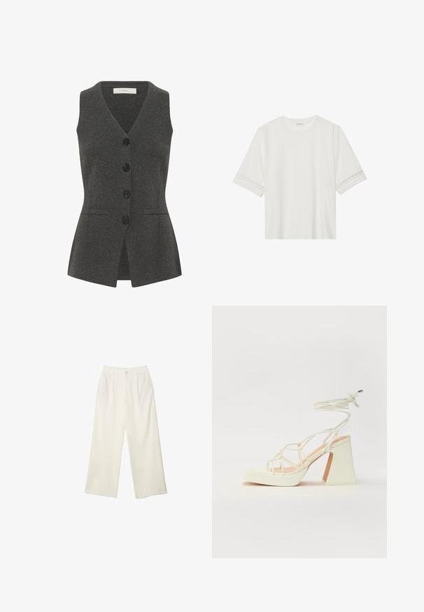 Sivá vesta s výstrihom do V a bez rukávov, s predným zapínaním na gombíky, bočnými vreckami a úzkym strihom. Vyrobená z textúrovanej látky.; Biele tričko s krátkym rukávom vyrobené z bavlny, s dekoratívnym čipkovým lemovaním pozdĺž rukávov a okrúhlym výstrihom.; Široké nohavice z krémovej látky s hladkou textúrou, s jedným predným gombíkom, jemnými skladmi a vysokým pásom.; Biele sandále na vysokom opätku s hrubým podpätkom, s pruhovaným dizajnom a viazaním na členku. Hladký povrch s platformou vpredu pre zvýšenú výšku.