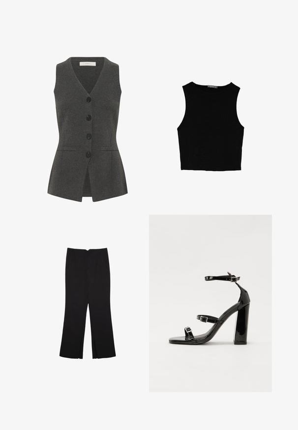 Sivá vesta s výstrihom do V a bez rukávov, s predným zapínaním na gombíky, bočnými vreckami a úzkym strihom. Vyrobená z textúrovanej látky.; Čierny bezrukávový crop top vyrobený z hladkej tkaniny, so zaobleným výstrihom a čistým, jednoduchým dizajnom bez vzorov alebo kovania.; Čierne nohavice so strihom rovného strihu, s prednými vreckami a bočnými rozparkami na leme. Vyrobené z mäkkej, hladkej tkaniny. Vhodné na rôzne príležitosti.; Čierne lakované sandále na podpätku so štvorcovou špičkou, navlečenými remienkami okolo členku a striebornými prackami. Disponujú masívnym blokovým podpätkom pre stabilitu.
