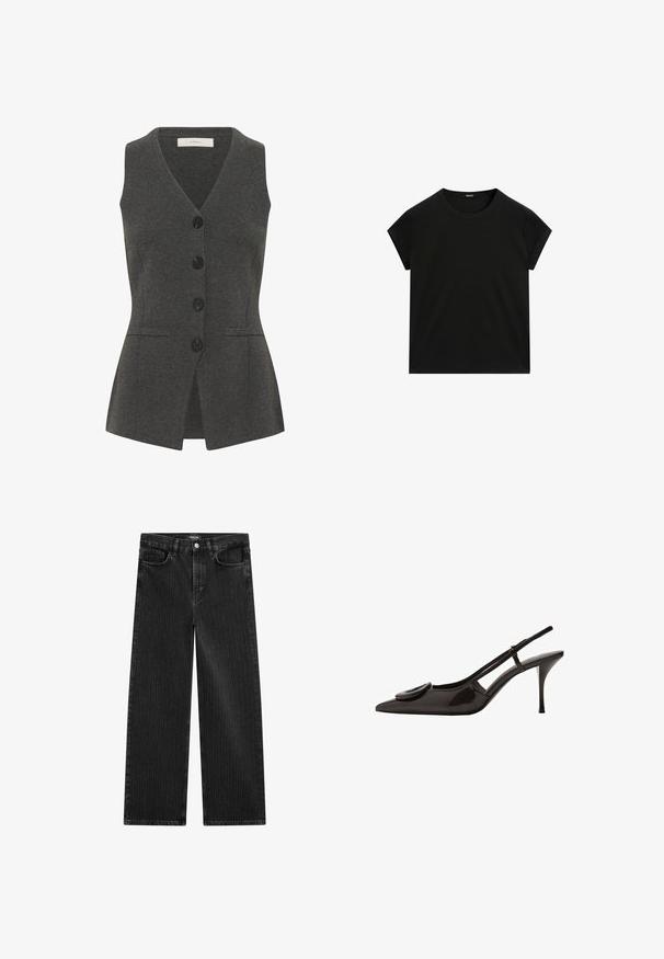 Graue Weste mit V-Ausschnitt und ärmellosem Design, ausgestattet mit einer Knopfleiste, seitlichen Taschen und einer taillierten Passform. Hergestellt aus strukturiertem Stoff.; Schwarzes kurzärmeliges T-Shirt mit Rundhalsausschnitt und geradem Saum, flach auf einem weißen Hintergrund präsentiert.; Weite schwarze Denim-Jeans mit feinem vertikalen Streifenmuster, ausgestattet mit einem Fünf-Taschen-Design und einem klassischen Knopfverschluss an der Taille.; Schwarzer Lackleder-Slingback-Schuh mit spitzem Zehenbereich, minimalistischem Design, kleinem kreisförmigem Akzent auf dem Schuhoberteil und schlankem Absatz.