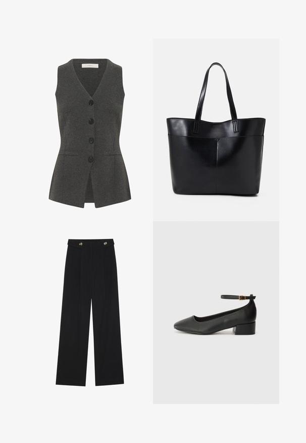 Sivá vesta s výstrihom do V a bez rukávov, s predným zapínaním na gombíky, bočnými vreckami a úzkym strihom. Vyrobená z textúrovanej látky.; Čierny top s dlhými rukávmi, flitrovanými manžetami, mäkkou textúrou a voľným strihom, s jednoduchým okrúhlym výstrihom.; Čierne široké nohavice s vysokým pásom, so zapínaním na gombíky na páse a prednými sklady.; Čierne kožené lodičky s špicatou špičkou a nízkym blokovým podpätkom. Obsahuje remienok okolo členka so zlatým prackou. Hladký povrch.; Čierna kožená tote taška s dvoma dlhými rúčkami, hladkým povrchom a štruktúrovaným tvarom. Obsahuje prednú kapsu pre dodatočné uskladnenie.