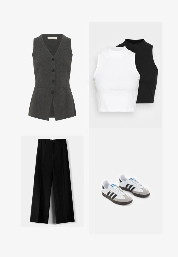 Szürke mellény, V nyakkal és ujjatlan kialakítással, gombos elülső résszel, oldalsó zsebekkel és testhezálló szabással. Texturált anyagból készült.; Két ujjatlan, bordázott garbós top fekete és fehér színben, testhezálló kialakítással és sima textúrával, rövidített hosszal.; Fekete, bő szárú nadrág, könnyű anyagból, elöl gombos záródással és sima elfröccsenésű fazonnal, szépen varrott szegélyekkel.; Fehér bőr felsőrészes sportcipő, szürke velúrból készült orral és három fekete csíkkal. Jellemzője a kék logó a nyelvén és egy texturált gumitalp.