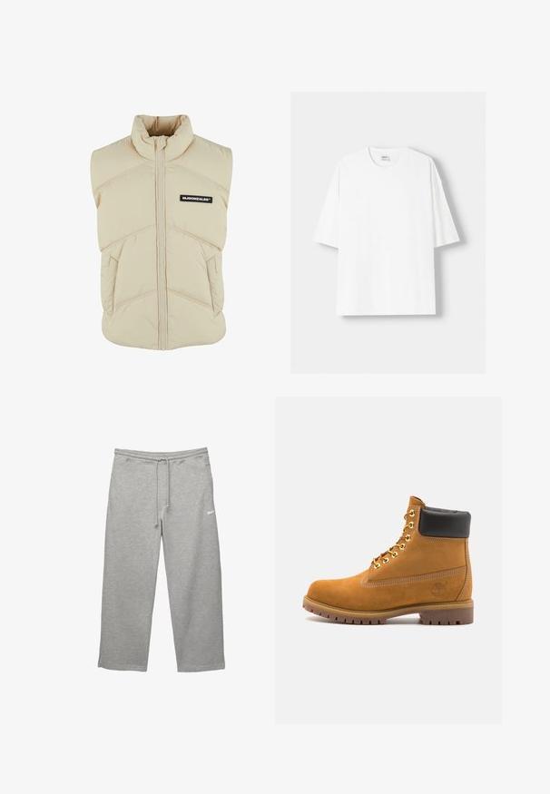 Bež prsni jopič z visokim ovratnikom, sprednjim zadrgo, diagonalo šivov in črnim logotipom na levi strani prsnega koša. Mehka, odejana tekstura.; Bela kratka majica s kratkimi rokavi iz bombaža, s krožnim izrezom in sproščenim krojem. Gladka tekstura, brez vidnih vzorcev ali poudarkov.; Sive hlače iz mehkega blaga z elastičnim pasom, nastavljivo vrvico in stranskimi žepi. Imajo majhen bel logotip.; Svetlo rjave anklne čizme iz semiša z črnim oblazinjenim ovratnikom, zlatimi kovinskimi očesci, belimi šivi in robustnim gumijastim podplatom s izrazitimi tredi.