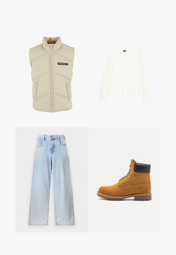 Beige színű, párnázott mellény magas gallérral, elülső cipzárral, ferde varrásokkal és fekete logós jelvénnyel a bal mellen. Puha, steppelt textúra.; Fehér, hosszú ujjú ing puha anyagból, széles, kerek nyakkivágással és laza szabással. Simaság jellemzi, bordázott mandzsettákkal.; Világoskék, bő szárú farmernadrág, magas derekú kialakítással, látható varrással, elől zsebekkel, és egyenes vonalú szabással a szegélig.; Barna velúr bokacipő fekete párnázott gallérral, arany fém fűzőlyukakkal, fehér varrási részletekkel és durva gumitalppal, amelynek kifejezett barázdái vannak.