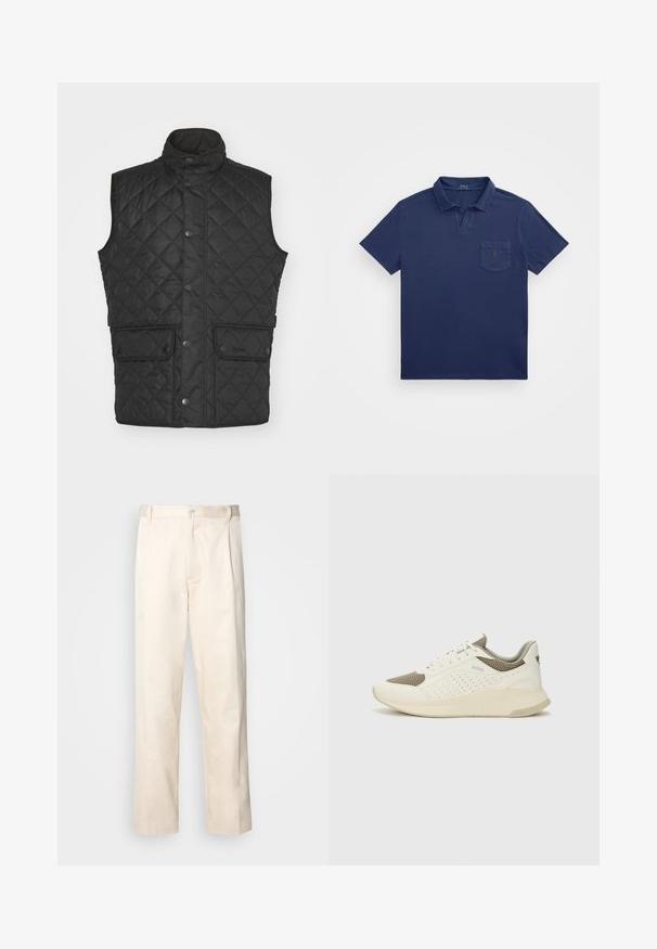 Colete acolchoado preto com gola alta, apresentando dois bolsos frontais e fechos de botão de pressão, feito de um material liso e leve.; Polo azul-marinho com gola curta, um bolso no peito e um logótipo bordado. Feito de um tecido suave e texturado.; Calças de algodão bege com corte reto, apresentando um fecho de botão e pregas na frente para um detalhe adicional.; Sapatilha atlética branca e bege claro, com parte superior em malha, detalhes perfurados e uma entressola texturizada com marcação no calcanhar.