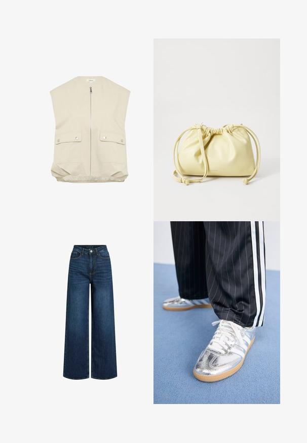 Beige ärmellose Weste mit hohem Kragen, Frontreißverschluss, zwei geknöpften Taschen und einem gerafften Saum. Hergestellt aus glattem, leichtem Stoff.; Weißes Baumwoll-T-Shirt mit kurzen Ärmeln, Rundhalsausschnitt und geradem Schnitt. Glatte Textur, einfaches Design, keine sichtbaren Muster oder Akzente.; Hochtaillierte Weitbein-Jeans aus dunkelblauem Denim, mit Reißverschluss, Fronttaschen und sichtbaren Nähdetails.; Metallisch silberne Sneaker mit weißen Schnürsenkeln und drei weißen Streifen, kombiniert mit schwarzen Nadelstreifen-Hosen. Gummisohle am Boden.; Gelbe Lederhandtasche mit gerafftem Design, verstellbarem Kordelzugverschluss und einem langen, einzelnen Tragegurt. Minimale Markenkennzeichnung am Boden.