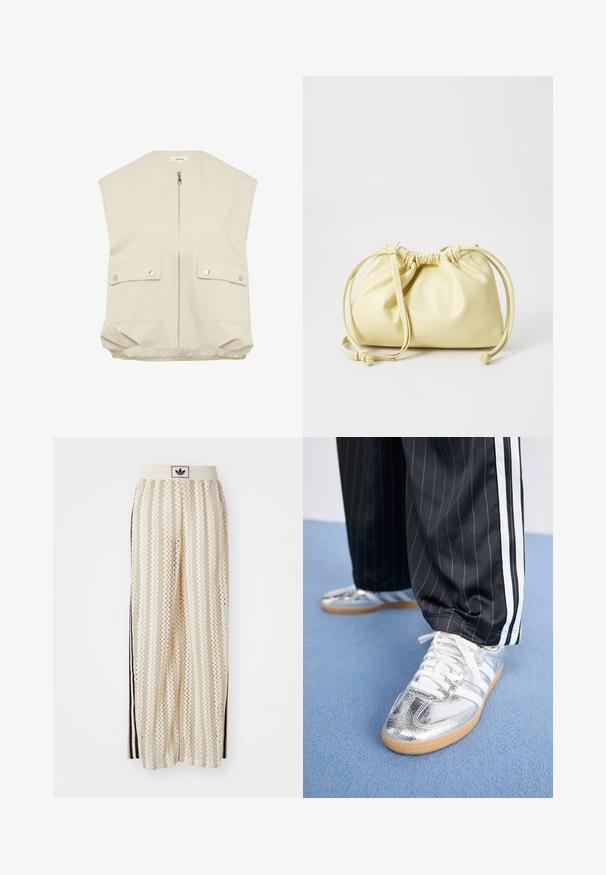 Beige ärmellose Weste mit hohem Kragen, Frontreißverschluss, zwei geknöpften Taschen und einem gerafften Saum. Hergestellt aus glattem, leichtem Stoff.; Weißes Baumwoll-T-Shirt mit kurzen Ärmeln, Rundhalsausschnitt und geradem Schnitt. Glatte Textur, einfaches Design, keine sichtbaren Muster oder Akzente.; Cremfarbene, weit geschnittene Hosen mit einem Zickzackmuster, ausgestattet mit einem schwarzen Logo-Bund und seitlichen schwarzen Streifen. Leichter, strukturierter Stoff.; Metallisch silberne Sneaker mit weißen Schnürsenkeln und drei weißen Streifen, kombiniert mit schwarzen Nadelstreifen-Hosen. Gummisohle am Boden.; Gelbe Lederhandtasche mit gerafftem Design, verstellbarem Kordelzugverschluss und einem langen, einzelnen Tragegurt. Minimale Markenkennzeichnung am Boden.