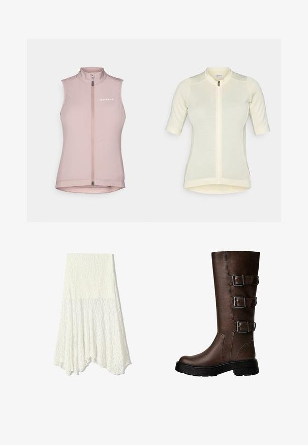 Rosa ärmellose Radweste mit hohem Kragen, frontalem Reißverschluss und weißem Logo auf der linken Brust. Hergestellt aus leichtem, dehnbarem Material.; Helles, gelbes Fahrradtrikot mit kurzen Ärmeln, körpernaher Passform, durchgehendem Reißverschluss, dezent strukturiertem Stoff und rundem Kragen. Markenname auf der Vorderseite.; Weißer Spitzentüllrock mit strukturiertem Muster, asymmetrischem Saum und fließender Silhouette, aus leichtem Material gefertigt.; Brauner Leder-Stiefel bis zum Knie mit drei metallischen Schnallen, strukturiertem Obermaterial, runder Zehenpartie und stabiler, klobiger Sohle.