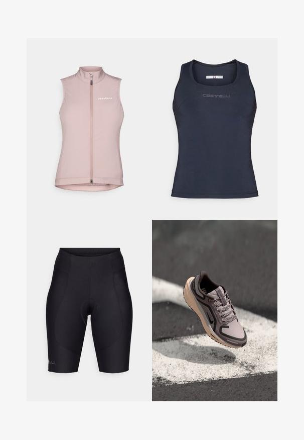 Ružasti bezrukavnik za biciklizam s visokim ovratnikom, prednjim zatvaračem i bijelim logotipom na lijevoj strani prsnog koša. Izrađen od lagane, rastezljive tkanine.; Tamna plava atletska majica bez rukava napravljena od glatkog, rastezljivog materijala. Ima zaobljeni izrez i suptilni logo na grudima.; Crne biciklističke hlače od rastezljivog materijala, s jastučićem, elastičnom sredinom i glatkim šavovima za uski kroj.; Svijetlopurpurene atletske cipele s sivim detaljima, višenamjenski sintetički gornji dio, vezice i bež potplat s vidljivim uzorkom tanke.