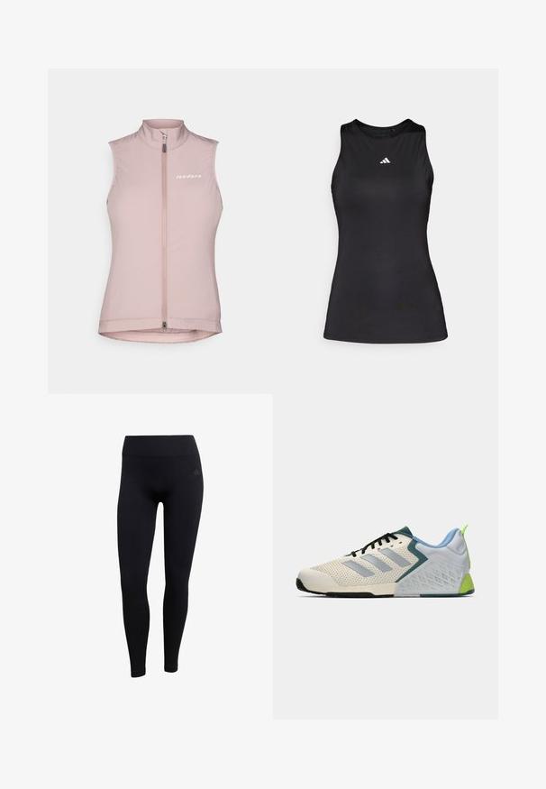 Vaaleanpunainen hihaton pyöräilyliivi, jossa on korkea kaulus, etuvetoketju ja valkoinen logo vasemmassa rinnassa. Valmistettu kevyestä ja joustavasta kankaasta.; Musta hihaton urheilu toppi, joka on valmistettu sileästä kankaasta. Ominaisuuksiin kuuluu pyöreä pääntie ja pieni valkoinen Adidas-logo rinnassa.; Mustat urheilulegginsit, jotka on valmistettu joustavasta kankaasta. Ominaisuudet: korkea vyötärö, istuva leikkaus ja ribbikuvioidut nilkkakutistimet. Huomaamaton brändilogo.; Kevyet urheilukengät, joissa on kermaisen värinen verkkopinta, harmaat raidat, vihreä yksityiskohta ja texturoitu sininen kantapää. Mustat nauhat.