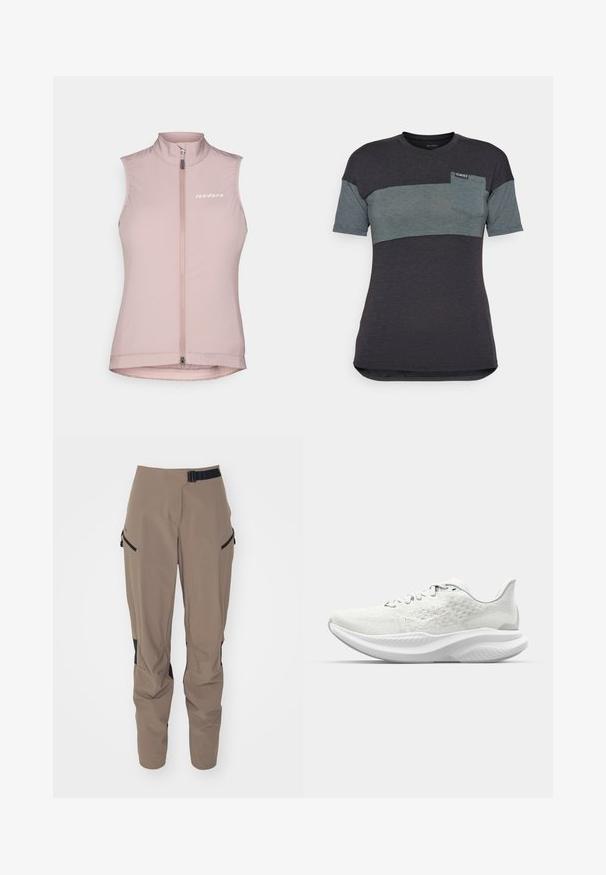 Ružový cyklistický vest s bezrukávovým strihom, vysokým golierom, predným zipsom a bielym logom na ľavej hrudi. Vyrobený z ľahkej, elastickej tkaniny.; Tričko s krátkym rukávom v tmavo šedej a tyrkysovej farbe s horizontálnym farebným blokom, ktoré má náprsné vrecko a štítok na výstrihu.; Bežové vonkajšie nohavice s čiernymi akcentmi, vyrobené z ľahkého materiálu. Obsahujú nastaviteľný pás, elastické manžety a bočné zipsové vrecká.; Biele športové topánky s textúrovaným zvrškom, šnurovací dizajn a polstrovaná podrážka s vlnovým profilom. Na boku jemné označenie značky.