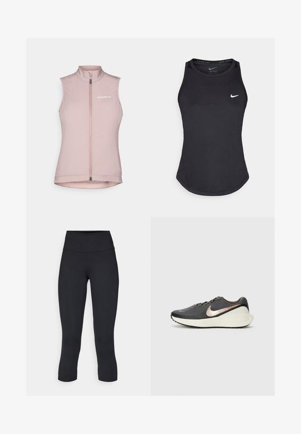 Chaleco de ciclismo sin mangas de color rosa con un cuello alto, cremallera frontal y logotipo blanco en el lado izquierdo del pecho. Fabricado con una tela ligera y elástica.; Camiseta sin mangas negra de deporte hecha de material que absorbe la humedad. Presenta un escote redondo, un corte ajustado y el logotipo blanco de Nike en el pecho.; Leggings negros cortos hechos de tela elástica, con una cintura alta y una textura suave, sin patrones o herrajes visibles.; Zapatilla deportiva negra con un upper de malla texturizada, un swoosh metálico en oro rosa y una suela blanca acolchada. Suela de goma con patrón de tracción.