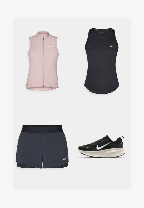 Ružasti bezrukavnik za biciklizam s visokim ovratnikom, prednjim zatvaračem i bijelim logotipom na lijevoj strani prsnog koša. Izrađen od lagane, rastezljive tkanine.; Crni atletski top bez rukava izrađen od materijala koji upija vlagu. Ima okrugli izrez, uski kroj i bijeli Nike logo na prsima.; Crne atletske kratke hlače s elastičnom stražnjicom, imaju slojeviti dizajn i mali bijeli Nike logo na donjoj lijevoj strani. Lagani materijal.; Crne Nike trkačke tenisice s prozračnom mrežastom gornjom konstrukcijom, bijelim swoosh logotipom, teksturiranim detaljima i kremastom ZoomX srednjom potplatnom jedinicom.