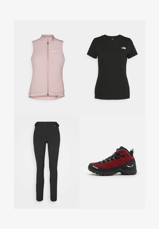 Roze mouwloos fietsvest met een hoge kraag, ritssluiting aan de voorkant en een wit logo op de linkerborst. Gemaakt van lichtgewicht, rekbare stof.; Zwarte katoenen t-shirt met een ronde hals en korte mouwen. Opvallend wit logo op de bovenlinker kant. Soepele textuur, casual pasvorm.; Zwarte, strakke broek gemaakt van een flexibel materiaal. Kenmerken zijn onder andere een ritszak aan de zijkant, gebogen knieën en een gladde textuur.; Rode en zwarte wandelschoen van suède en rubber materialen, met gestructureerde veters, versterkte neuskap en logo detail aan de zijkant en zool.