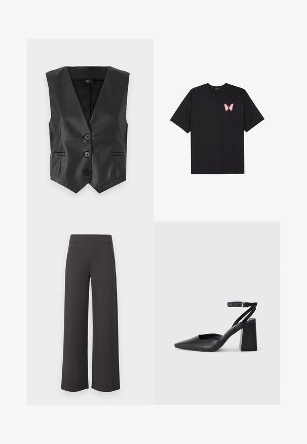 Black faux leather vest with a deep V-neck, featuring four buttons and two side pockets. Smooth texture; structured, tailored design.; Black cotton t-shirt with short sleeves, featuring a small pink butterfly graphic on the left chest. Crew neck design with a relaxed fit.; Wide-leg trousers in dark gray fabric, featuring a smooth texture, elastic waistband, and two front pockets. Flat-front design.; Black leather pointy-toe pump with an ankle strap and a chunky heel. Flat texture, sleek design, and minimalistic aesthetics.