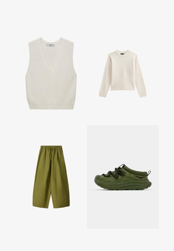 Helle, cremige Strickweste mit V-Ausschnitt, ärmellosem Design, fünf-Knopf-Verschluss und geripptem Saum. Verfügt über ein strukturiertes Muster durchgehend.; Helle beigefarbene Strickjacke mit geripptem Rundhalsausschnitt und Saum, ausgestattet mit langen Ärmeln und einer lockeren Silhouette. Weicher Stoff und minimalistisches Design.; Dunkle transparente Bluse mit voluminösen, gestuften Rüschen an den Ärmeln und im oberen Brustbereich, gerafftem Ausschnitt und Knopfverschluss am Rücken.; Olivgrüne, weit geschnittene Hose mit elastischem Bund und Kordelzug. Hergestellt aus leichtem Stoff, mit zwei Seitentaschen.; Grüner Sneaker mit einer strukturierten Gummisohle, elastischen Schnürsenkeln und einem glatten Obermaterial. Verfügt über eine abgerundete Zehenpartie und subtilen Logodetails.