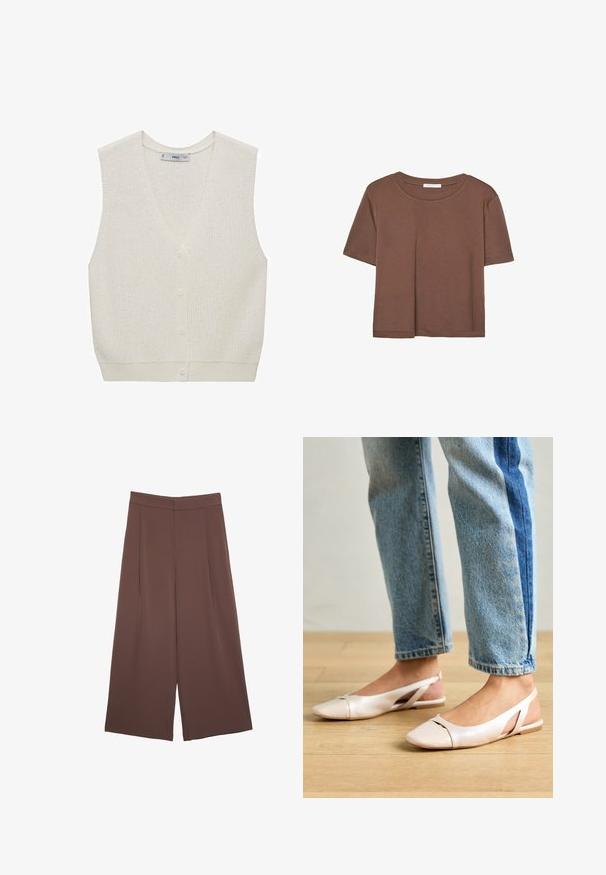 Gilet lavorato a maglia di colore crema chiaro con scollatura a V, senza maniche, chiusura con cinque bottoni e orlo a coste. Presenta un motivo testurizzato su tutta la superficie.; Maglietta a maniche corte marrone realizzata in tessuto morbido, con scollatura rotonda e vestibilità rilassata. Nessun motivo o dettaglio visibile.; Pantaloni ampi marroni con una texture liscia, caratterizzati da una vita alta e pieghe frontali. Il tessuto è leggero e scorre liberamente.; Ballerine slingback rosa pallido con punta affusolata, realizzate in un materiale simile alla pelle liscio. Presentano dettagli a taglio sui lati e un tacco piatto.