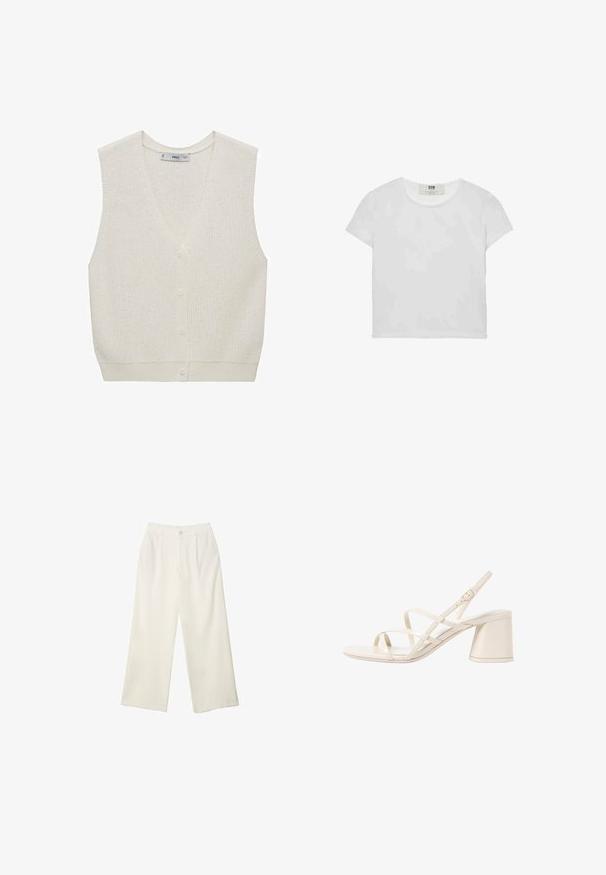 Svetlo kremasto pleteno brezrokavniko z V-izrezi, zasnovo brez rokavov, zapiranjem na pet gumbov in rebrastim robom. Ima teksturiran vzorec po celotni površini.; Bela majica s kratkimi rokavi in okroglim ovratnikom, izdelana iz mehke bombažne tkanine, ki ima preprost, čist dizajn brez vidnih vzorcev ali poudarkov.; Hlače širokih nogavic iz kremaste tkanine z gladko teksturo, z enim sprednjim gumbom, diskretnimi plisami in visokim pasom.; Bežne vezane sandale s peto v bež barvi, zaobljenim odprtim prstom in srednjo blok peto. Imajo prilagodljivo zaponko za gleženj in gladko, sijočo površino.