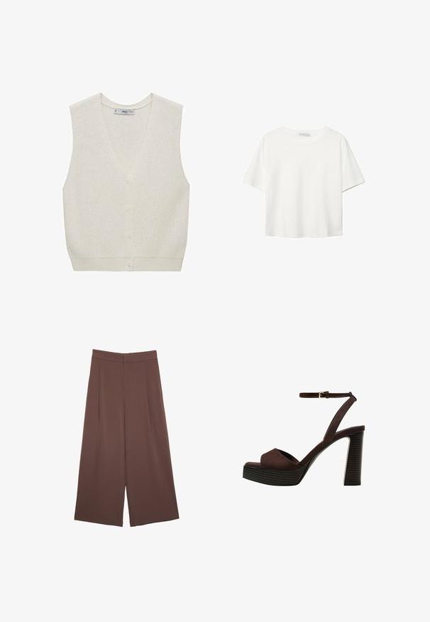 Svetlo kremasto pleteno brezrokavniko z V-izrezi, zasnovo brez rokavov, zapiranjem na pet gumbov in rebrastim robom. Ima teksturiran vzorec po celotni površini.; Bela kratka majica s kratkimi rokavi iz bombaža. Ima okroglo izrezovanje in sproščen kroj. Gladka tekstura brez vidnih vzorcev ali poudarkov.; Rjave široke hlače z gladko teksturo, ki imajo visok pas in sprednje naborke. Tkanina je lahka in prosto pada.; Rjave semiš sandale z visoko peto, odprto spredaj, z nastavljivim gležnjenjem in črtastim podplatom.