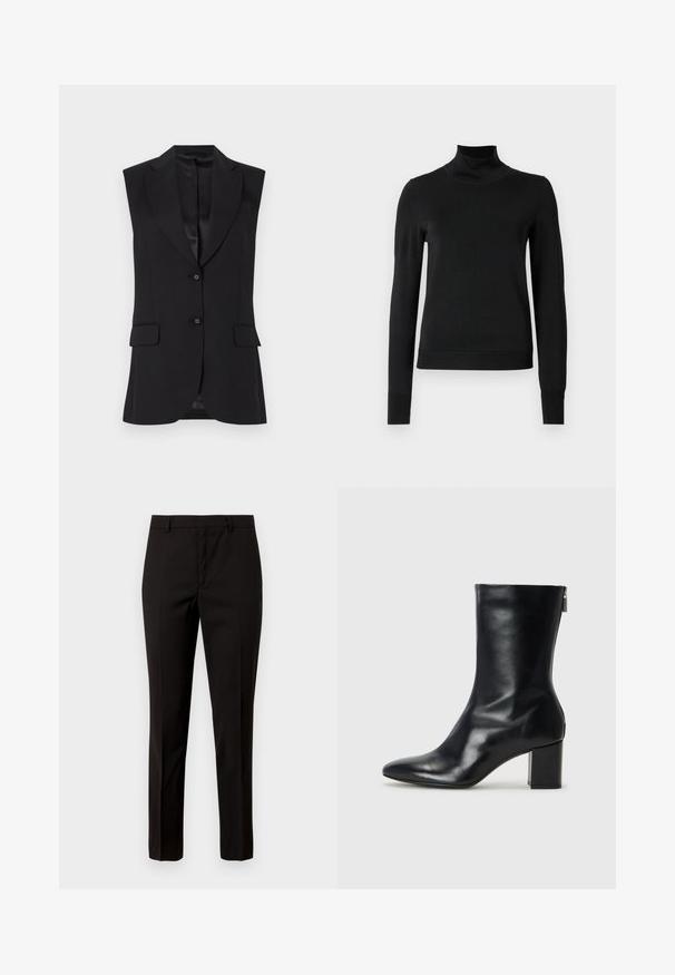 Juodas be rankovių švarkas su išpjovimu, dviem priekinėmis kišenėmis ir viena mygtuko uždarymu. Lygus tekstūra ir pritaikytas dizainas.; Juoda ilgomis rankovėmis turtleneko tipo megztinis su rebruotomis rankovėmis ir apačia, eksponuojamas ant paprasto balto fono.; Juodos pritaikytos kelnės su tiesiu juosmeniu, pagamintos iš sklandžios medžiagos, su plokščiu priekiu ir diržo kilpomis. Nėra matomų raštų ar akcentų.; Juodų odinių kulkšninių botų su smailiu nosiu ir 4 cm pločio bloku. Išskirtinis dizainas pasižymi šoniniu užtrauktuku, leidžiančiu lengvai apsiauti. Lygi tekstūra.