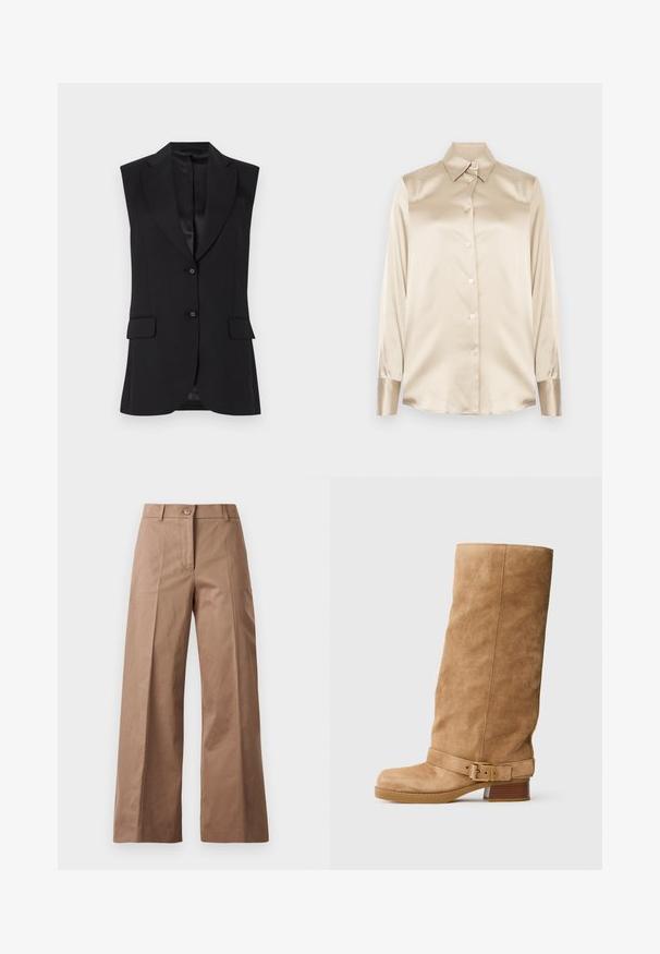 Črna brezrokavnik z zareznim ovratnikom, dvema sprednjima žepoma in zapiranjem na en gumb. Gladka tekstura in krojena zasnova.; Bež satenasta srajca z ostrim ovratnikom, dolgimi rokavi, z zapiranjem na gumbe in manšetami v nekoliko bolj sijočem finishtu. Brez vzorcev ali dodatkov.; Rjave široke hlače iz gladkega materiala, z zapiranjem spredaj na gumb, dvema sprednjima žepoma in čistimi, postavljenimi linijami.; Brahkaste rjave suknje srednje visine z nizkim utezima, okruglog vrha i podesivim remenom sa zlatnom kopčom oko članaka.