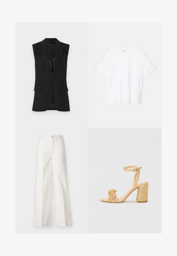 Crni bezrukavni sako s reverom, dva prednja džepa i zatvaranjem na jedan dugme. Glatka tekstura i krojeni dizajn.; Bijela pamučna majica s kratkim rukavima, okruglim izrezom, opuštenim krojem i šivenim rubom. Etiketa je vidljiva na unutarnjoj strani vrata.; Bijele široke hlače izrađene od pamuka s glatkom teksturom. Imaju prednji gumb, patentni zatvarač i dizajn s četiri džepa.; Bež sandala s visokom potpeticom, s pletenom teksturom, ukrašena cvijetom i remenom oko gležnja. Kvadratna potpetica dodaje stabilnost.