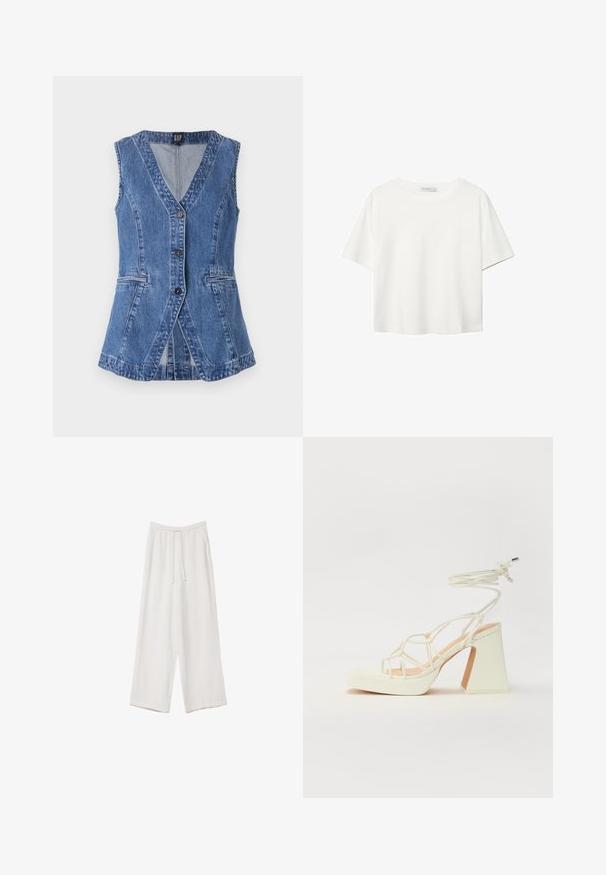 Gilet in denim blu medio con scollatura a V, quattro bottoni e due tasche frontali. Progettato con vita aderente e orlo leggermente svasato.; T-shirt bianco a maniche corte realizzato in cotone. Presenta un collo tondo e una vestibilità rilassata. Texture liscia senza motivi o dettagli visibili.; Pantaloni a gamba larga bianchi realizzati in un tessuto leggero. Presentano una vita elastica con cordoncino e tasche laterali. Texture liscia.; Sandalo bianco con tacco alto, caratterizzato da un design a cinturini e un legaccio alla caviglia. Texture liscia con una piattaforma frontale per un'altezza aggiuntiva.
