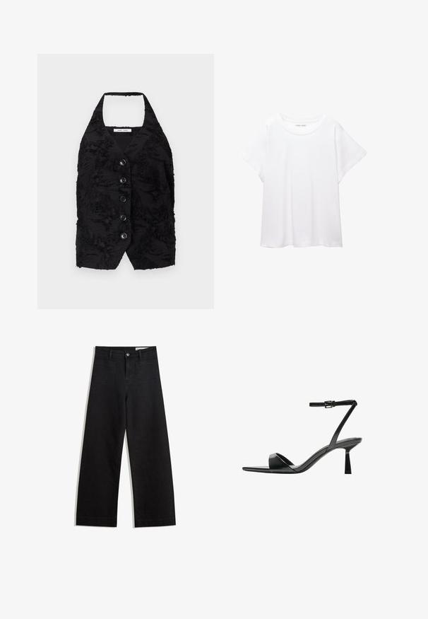 Černá vesta s texturovanou látkou, která má vyvýšené vzory, véčkový výstřih a šest předních knoflíků. Hlavní výstřih, bez rukávů, zkrácený design.; Bílý tričko vyrobené z měkké, lehké tkaniny. Má kulatý výstřih a krátké, široké rukávy s uvolněným střihem. Bez viditelných vzorů.; Černé denimové kalhoty s volným střihem a vysokým pasem, vybavené předními a zadními kapsami, prošívanými švy a knoflíkovým zapínáním. Hladká textura.; Bershka Sandály na vysokém podpatku - black