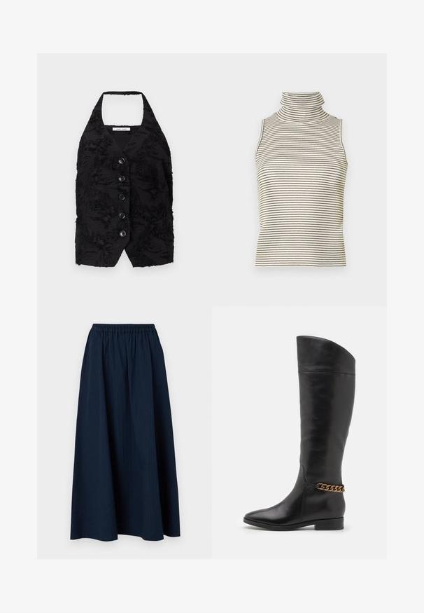 Must vest, mille tekstuuriga kangast, kõrgendatud mustritega, V-kaelusega ja kuue esimise nupuga. Ühe õlaga kaelus, ilma varrukateta, lühikese disainiga.; Varrukateta turtleneck-särk, millel on vertikaalsed mustad ja valged triibud, valmistatud tekstureeritud kudumkangast ning millel on kõrge ja tihedalt istuv krae.; Tumedat sinine, põrandapikkune seelik, mis on valmistatud tekstuurilisest kangast, millel on elastne vöökoht ja kerged püstised triibud.; Kõrged mustad nahast saapad, millel on stiilne disain, terav nina ja kuldne kett aktsent pahkluul. Madal plokk-konts. Sile tekstuur.