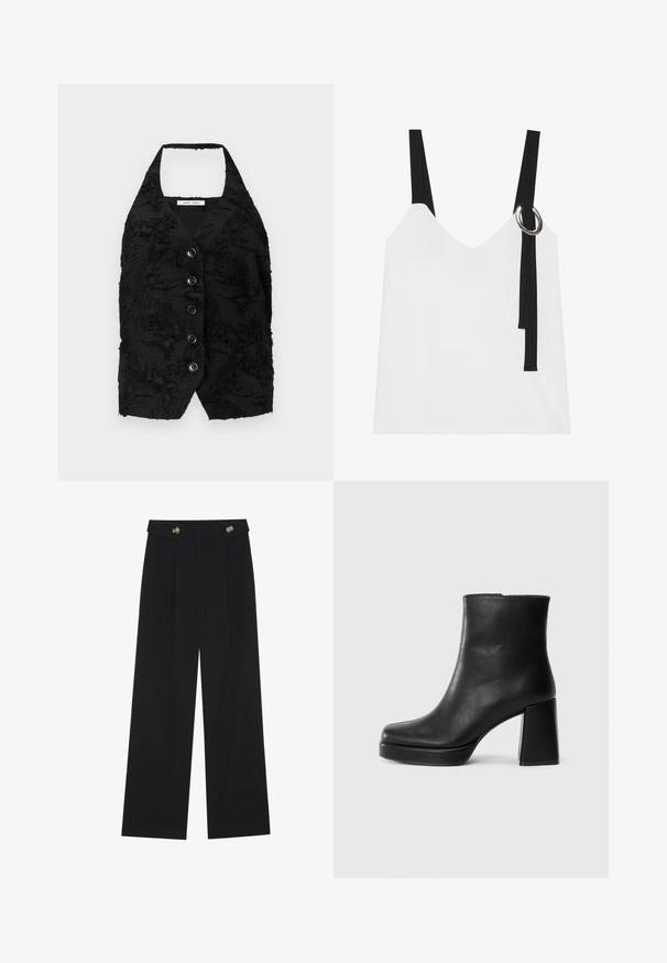 Sort vest med en tekstureret stof, der har ophøjede mønstre, V-halsudskæring og seks knapper foran. Halterneck, uden ærmer, cropped design.; Hvid ærmeløs top med V-udskæring, som har sorte stropper og en sølvringdetalje. Glat stof og et moderne, minimalistisk design.; Sorte vide bukser med høj talje, knapdetaljer på taljebåndet og frontfald.; Sort læder ankelstøvle med blokhæl og platformssål, set fra siden på en ensfarvet hvid baggrund.