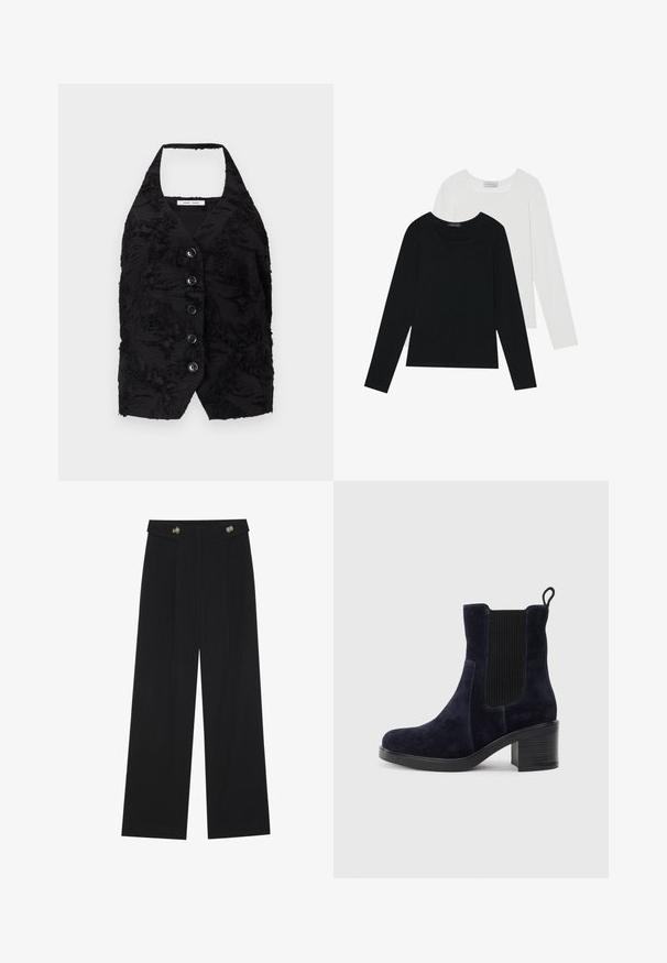 Musta liivi, jossa on teksturoitu kangas, jossa on kohokuvioituja kuvioita, V-pääntie ja kuusi etupainiketta. Kaula-aukko, ilman hihoja, lyhyt malli.; Kaksi pitkähihainen paitaa, yksi musta ja yksi valkoinen, molemmat neliönmallisella kaula-aukolla ja pehmeästä, joustavasta kankaasta valmistettu.; Mustat leveälahkeiset housut, joissa on korkea vyötärö, napit vyötärönauhassa ja etupuolella laskokset.; Tummansininen mokkanahkasaapas nilkkapituisena, jossa on joustava sivupaneeli, pyöreä kärki ja lohkaremmäinen korko. Teksturoidun kankaan ja sileän pohjan kontrasti tuo lisää ilmettä.